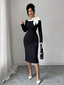 EMERY ROSE Đầm dài tay họa tiết nơ khối màu dành cho nữ - màu đen - Xem 4