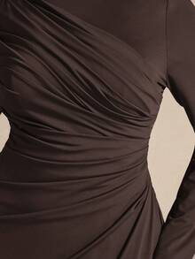 SHEIN BAE 大码女式优雅长袖褶皱连衣裙，黄色，秋冬 - 咖啡棕 - 查看 5