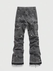 ROMWE MEN Street Life Men's Fashion Shiny Pocket Decor Casual Street Wear Rhinestone Embellished Jeans - Grey - View 2