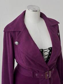 Sunspun Plus Size Solid Color Ribbed Waist Turndown Collar Button Decor Belt Short Jacket, Long Sleeve - Purple - View 4