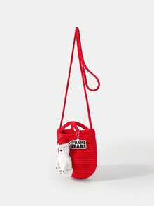 We Bare Bears X SHEIN Women's Casual Large Capacity Christmas Cute Cartoon Bear Pattern Knitted Shoulder Bag With Letter Pendant - Red - View 9