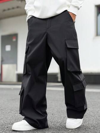 Street Life Men's Casual Loose Fit Solid Color Wide Leg Pants, Black Wide Leg Trousers, Autumn