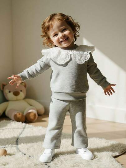 Souflis Souflis 女婴6个月-3岁春季两件套休闲日常宽松套装，蕾丝领装饰长袖基础款上衣和简约长裤