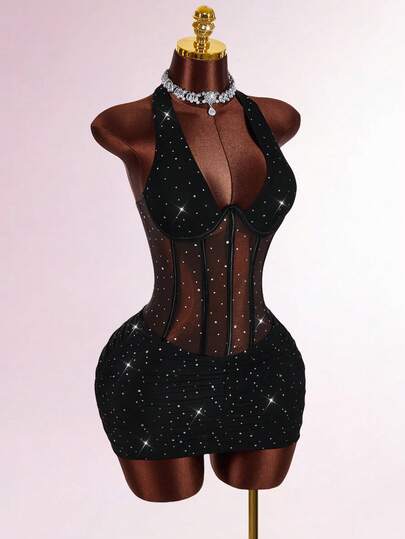 Amplova Halter Neck Sleeveless Rhinestone Decor Cinched Waist Sheer Ruched Sexy Party Mini Dress Sexy Dress For Club Rhinestone Dress