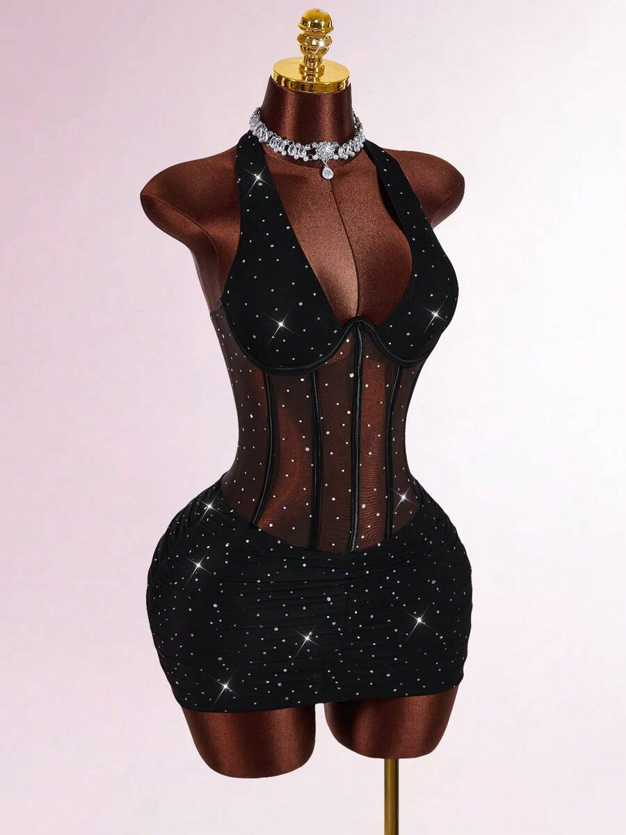Amplova Halter Neck Sleeveless Rhinestone Decor Cinched Waist Sheer Ruched Sexy Party Mini Dress Sexy Dress For Club Rhinestone Dress - Black - View 1