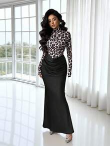 Rafferiza Women's Autumn Leopard Print Bodycon Mock Neck Long Sleeve Fishtail Dress,Elegant & Black Night Out Long Dresses For Holiday Parties - Black - View 3