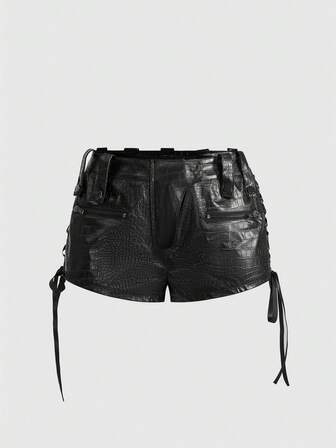 J-Fashion Short ultra court taille très basse en PU ajusté et sexy, style biker chic