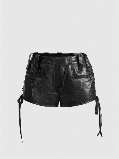 J-Fashion Shorts mini de cintura ultra baja ajustados y sexy de cuero sintético PU con estilo chic de motociclista