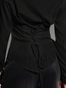 Normani Camisa casual de mujer de manga larga, de un solo pecho, con cordón y unicolor - Negro - Ver 7