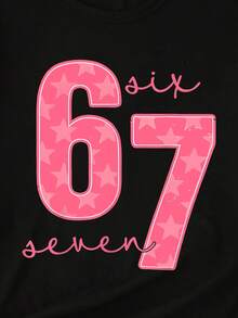 Sparklyn 夏秋女童休闲时尚创意个性清新简约别致数字67粉色星星图案字母标语印花舒适基础款短款T恤，温暖舒适的夏秋款式，适合女孩穿着。 - 黑色 - 查看 4
