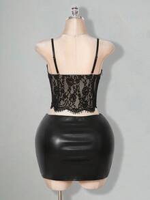 SHEIN ICON 大码女士蕾丝罩杯吊带背心，性感约会装，适合派对，蕾丝文胸吊带背心 - 黑色 - 查看 2