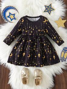 SHEIN Baby Girl Lantern Print Casual Comfortable Long Sleeve Dress, Holiday Edition - Black - View 3