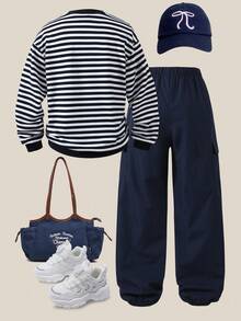 SHEIN Explorewe 女童休闲条纹卫衣和裤子套装，适合秋冬季日常休闲、上学、户外、运动 - 藍色 - 查看 2