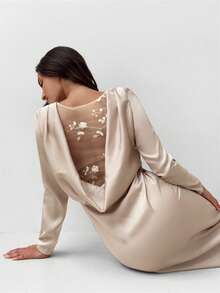 Aloruh Apricot Backless Textured Splice Plunging Neck Long Sleeve Bodycon Dress, Suitable For Parties, Balls, Winter, Valentine's Day, New Year,Winter Dresses,Valentine Outfits For Women ,New Year Dress,Elegant Dresses For Women - Apricot - View 7