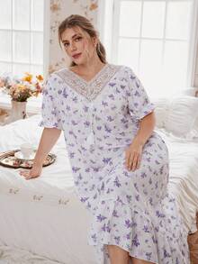 SHEIN 大码女士浪漫蕾丝V领流苏系带印花睡裙，Moo Moo睡衣 - 米色 - 查看 7