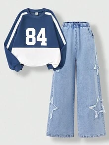 SHEIN Explorewe 时尚少女春、秋、冬两件套美式复古条纹圆领卫衣，印花条纹拼接针织长袖，搭配水洗牛仔星形刺绣长裤，数码印花设计，适合春、秋、冬穿着，也适合街头玩耍。 - 彩色 - 查看 10
