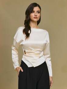 Poéselle Satin Long Sleeve Blouse For Women - Elegant Asymmetrical Waist Detail, Minimalist Chic Top, Classy Fall Essential,Women's Solid Color Satin Minimalist Crew Neck Long Sleeve Top, Satin Blouses For Women, Silk Blouse, Silk Tops,, Ivory Top White Elegant Top White Satin Top Full Sleeve Top Tops For Women Elegant - Apricot - View 1