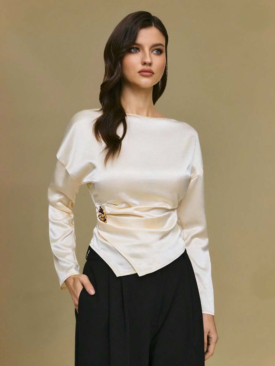 Poéselle Satin Long Sleeve Blouse For Women - Elegant Asymmetrical Waist Detail, Minimalist Chic Top, Classy Fall Essential,Women's Solid Color Satin Minimalist Crew Neck Long Sleeve Top, Satin Blouses For Women, Silk Blouse, Silk Tops,, Ivory Top White Elegant Top White Satin Top Full Sleeve Top Tops For Women Elegant - Apricot - View 1
