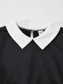 SHEIN 青少年女孩撞色领长袖休闲学院风连衣裙 - 黑色 - 查看 8