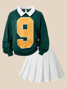 SHEIN ChillGRL Casuvi Kid Girls 2-Piece Set: Regular Thick Knit Pullover T-Shirt T-Shirt With Numeric Print Pattern, And White Pleated Mini Skirt, Suitable For Casual, Commute, Sports, Vacation In Spring And Autumn - Dark Green - View 8