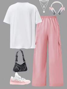 SHEIN ChillGRL 2件套少女休闲时尚卡通图案圆领短袖上衣和工装裤套装 - 彩色 - 查看 3