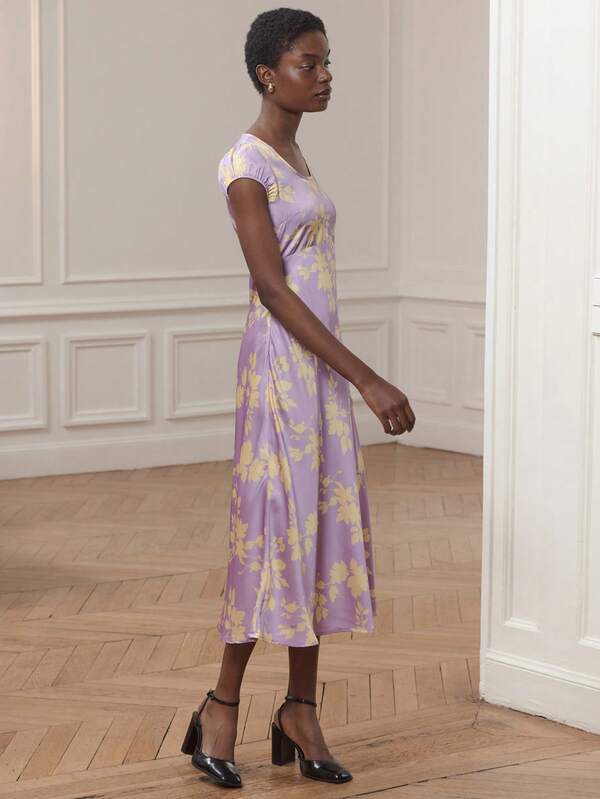 lacRébo Long Satin Dress With Yellow Floral Print On A Lilac Background Featuring Short Sleeves And A Round Neckline Office Outfits Spring New Year Dress