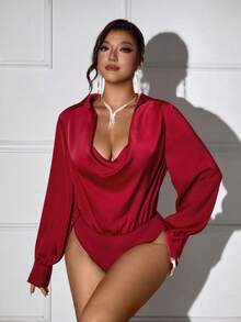 Femmeverse 大码女士时尚优雅浪漫垂褶深V领连体衣，红色，情人节款 - 酒紅色 - 查看 7