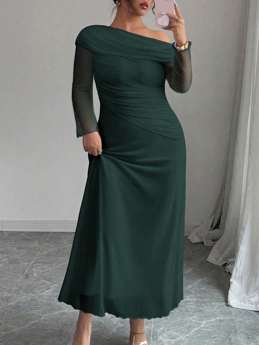 Modelyn 大码女式法式优雅褶皱拼接荷叶边不对称肩长袖网纱连衣裙