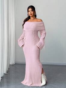 Elenzga Váy len buộc eo trễ vai màu trơn cỡ lớn cho nữ - Hồng - Xem 4