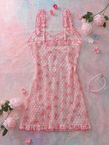 Women's Floral Mesh Ruffle Trim Sexy Camisole Nightgown - Pink - View 2