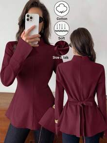 Elyressa 女士编织的休闲优雅秋季衬衫 - 酒紅色 - 查看 7