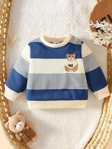 SHEIN Nueva llegada de otoño Ropa casual para bebé recién nacido con parte superior a rayas de color contrastante, bordado de oso lindo, suave y acogedor, con botones en el hombro fácil de poner y quitar - Azul - Ver 2