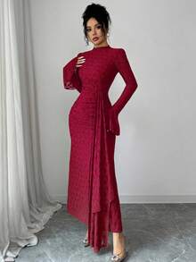 Modelyn French Design Lace High Neck Tie Waist Ruched Slim Fit Dress For Women