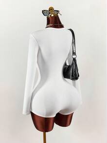 Amplova 舒适性感深V领收腰修身连体短裤，女士春季款 - 白色 - 查看 3