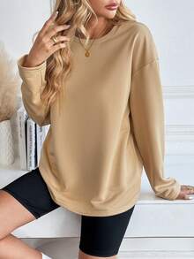 INAWLY Sweat-shirt ample décontracté à col rond, manches longues et épaules tombantes, couleur unie pour femmes