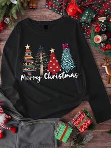 EMERY ROSE Christmas Letter Slogan & Christmas Tree Pattern Round Neck Long Sleeve Fashionable Plus Size T-Shirt - Black - View 3