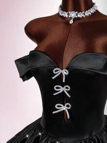 New Year & Valentine's Day Party/Date Off-Shoulder Rhinestone Bow Decor Bodycon Mini A-Line Dress Y2k Dress Black Satin Dress - Black - View 8