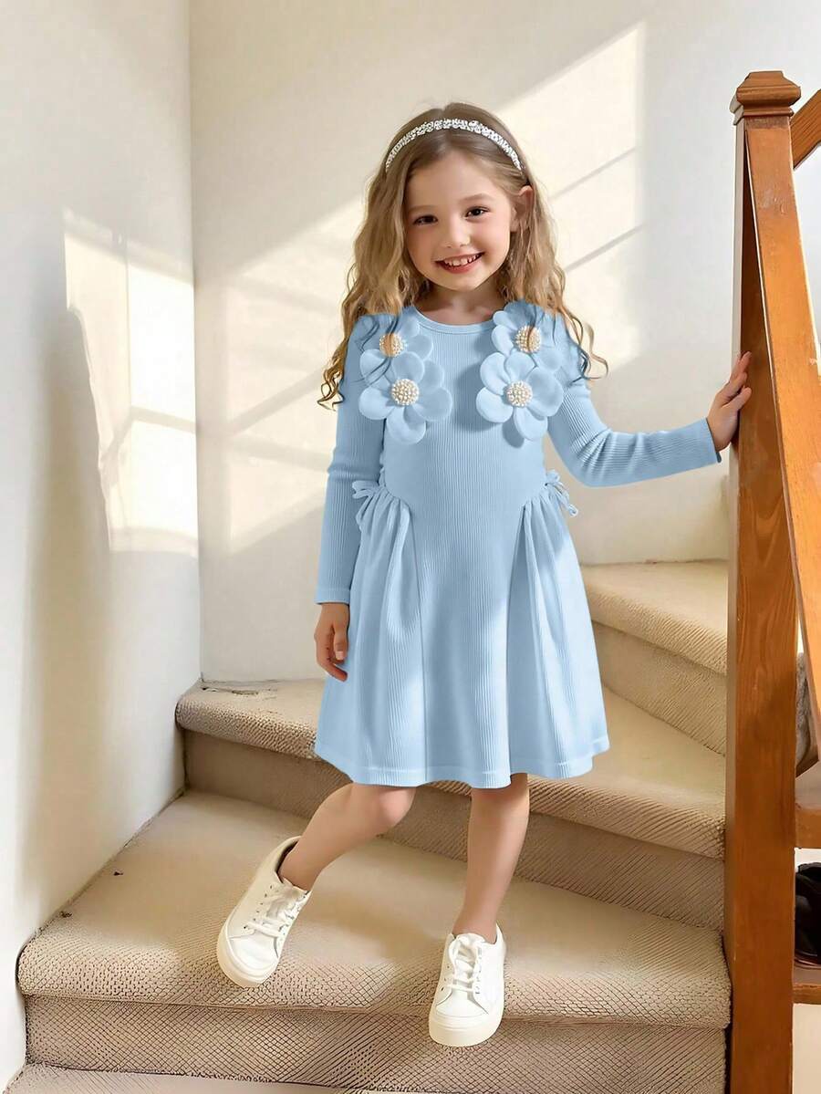 Elladie kids 女童优雅简约圆领常规肩长袖高腰短款纯色罗纹面料3D花卉设计返校蝴蝶结装饰A字连衣裙，适合所有季节