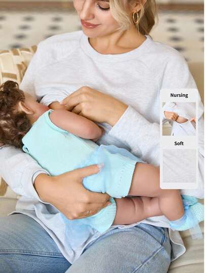 SHEIN 孕妇纯色圆领插肩袖长袖休闲侧开衩下摆哺乳上衣