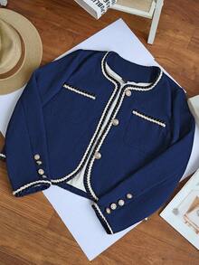 Franclia Áo khoác ngắn vải tuýt chắp vá thời trang thu đông dành cho nữ, phong cách đi làm năng động - Màu xanh hải quân - Xem 5