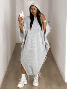Maweii Váy tay cánh dơi có mũ trùm đầu rút dây thời trang thu đông cỡ lớn - Xám - Xem 2