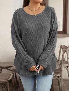 EMERY ROSE 女士加大码休闲纯色罗纹长袖T恤 - 深灰色 - 查看 4