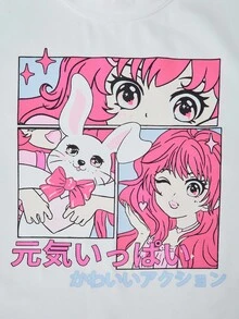 SHEIN ChillGRL 青少年女孩圆领修身短袖卡通印花 T 恤和字母印花背带裤 2 件套