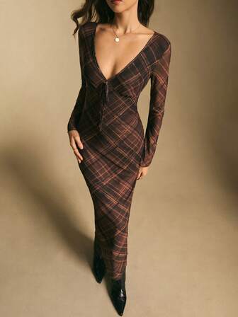 Poéselle 女士V领长喇叭袖格子系带修身连衣裙