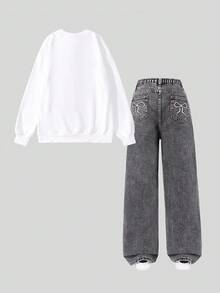 SHEIN ChillGRL 2 件套少女蝴蝶结印花连帽衫和刺绣直筒裤套装 - 淺灰色 - 查看 2