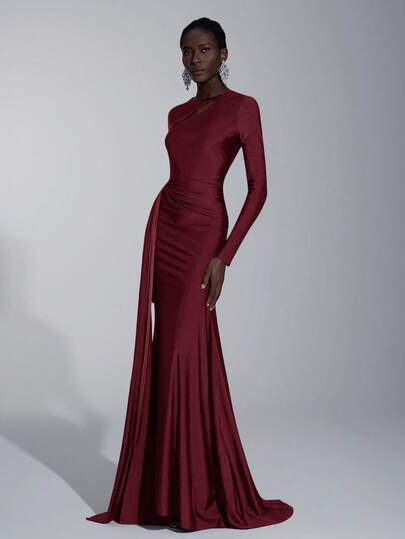 Elitara Elegant, Romantic, Sexy, Minimalist Deep Purple Knitted Stretchy Fabric Dress With Hollow-Out Decor, Round Neck, Long Sleeve, Fishtail Hem, Fashionable, Influencer Style, Suitable For Holidays, Parties, Weddings, Bridesmaid