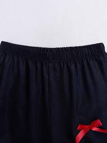 SHEIN ChillGRL 青少年女孩休闲时尚街头风格标语和蝴蝶结印花短袖 T 恤和松紧腰宽松阔腿裤套装，夏季 - 酒紅色 - 查看 8