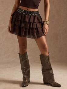 SHEIN BAE Váy dự tiệc/club kiểu phương Tây màu nâu đính đá thời trang dành cho nữ mùa Thu/Đông, váy xòe, váy đi club, váy casual cho năm mới, váy đi chơi. - Cà phê nâu - Xem 5