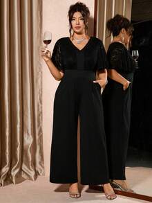 Cravure 大码女式V领金属丝拼接短袖连体裤，舞会礼服 - 黑色 - 查看 3