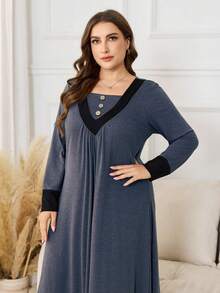 Lacomfia Plus Size Color Block Loose A-Line Dress With Decorative Buttons - Blue - View 6